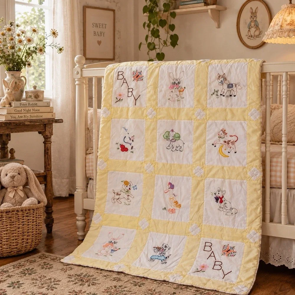 Vintage Handmade Baby Quilt Hand Embroidered Animals Yellow Nursery Crib BABY